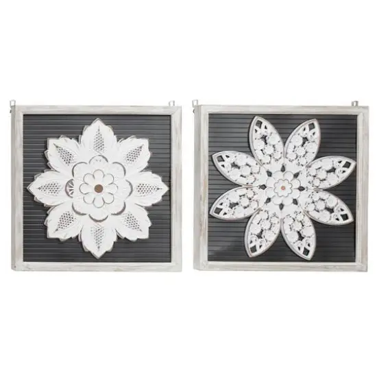 Set of 2 White Wood Traditional Floral Wall Decor, 18" x 18" {1}