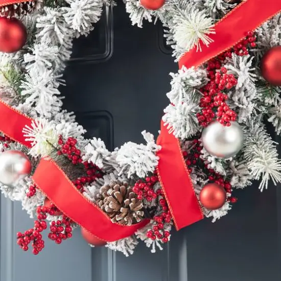 Glitzhome&reg; 24" Flocked Berry, Pinecone & Ribbon Wreath {6}