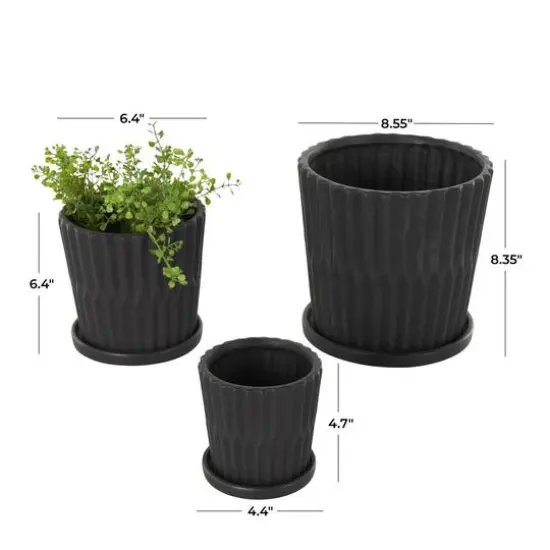 Black Double Ribbed Textured Ceramic Planter Set {8}