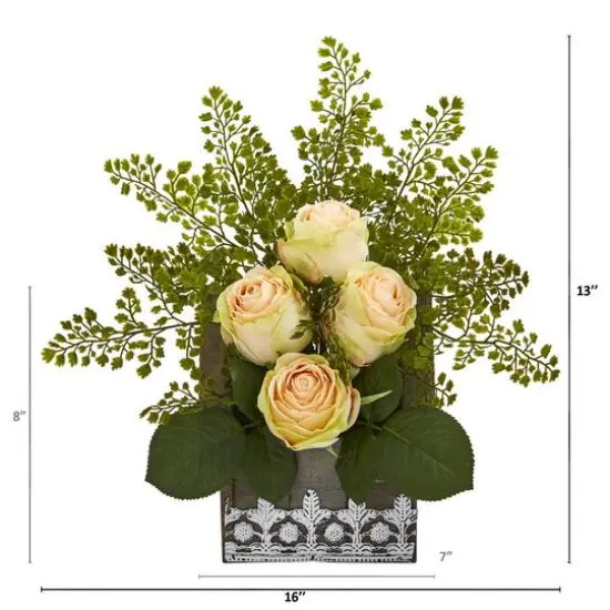 13" Rose & Maiden Hair Arrangement in Hanging Floral Design House Planter Peach {3}