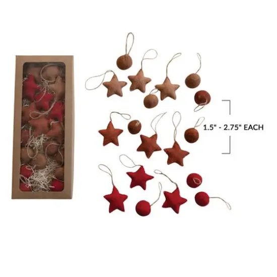 Hello Honey&reg; Handmade Wool Felt Ball & Star Ornament Set in Kraft Box Red/Brown {4}
