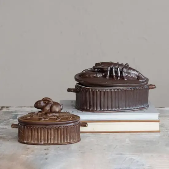 Hello Honey&reg; 12.25" Matte Brown Stoneware Baker with Lobster Design {4}