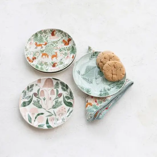 Hello Honey&reg; 8" Woodland Flora & Fauna Round Stoneware Plate Set {3}