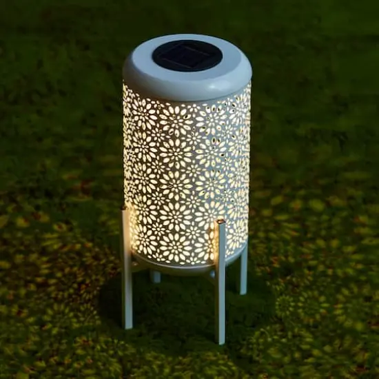 Glitzhome&reg; 14.25" White Metal Cutout Flower Pattern Solar Powered LED Outdoor Lantern {4}