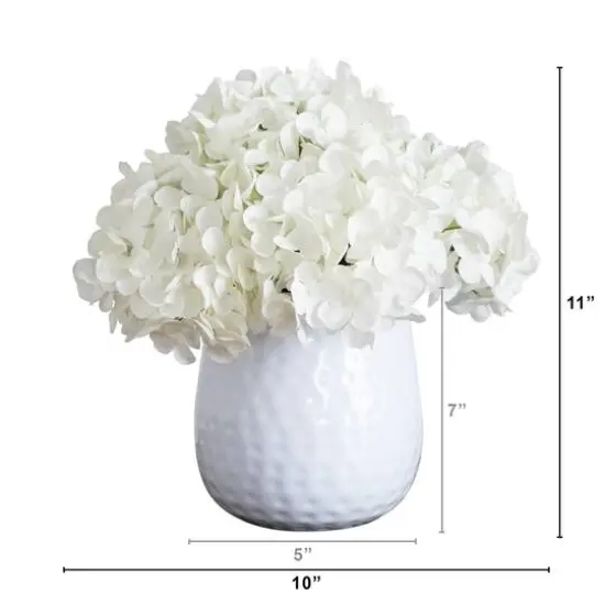 11" White Hydrangea Arrangement in White Metal Vase {6}