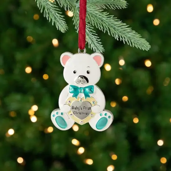 3" Pastel & Silver Plated Bear Baby's First Christmas Ornament with European Crystals {6}
