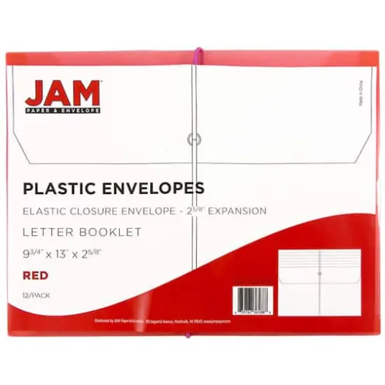 JAM Paper 9.75" x 13" Plastic Elastic Band Closure Expansion Envelopes, 12ct. Red {6}