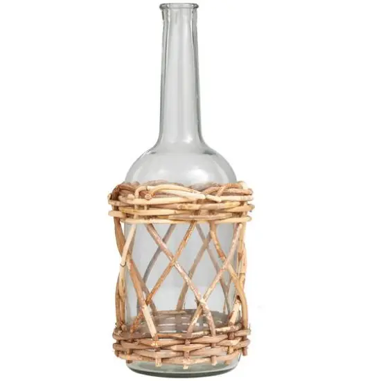 19" Clear Glass Handmade Vase with Brown Rattan Woven Lower Body {3}