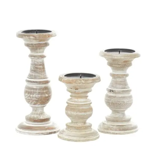 Mango Wood Traditional Candle Holder Set Cream {8}