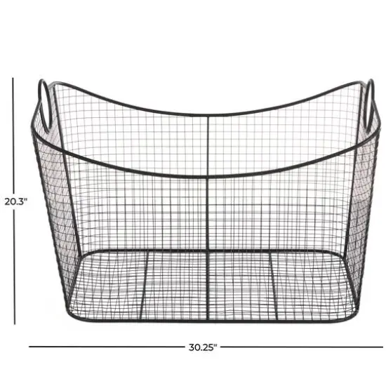 30.25" Black Metal Open Frame Wire Grid Storage Basket with Curved Sides & Ring Handles {12}