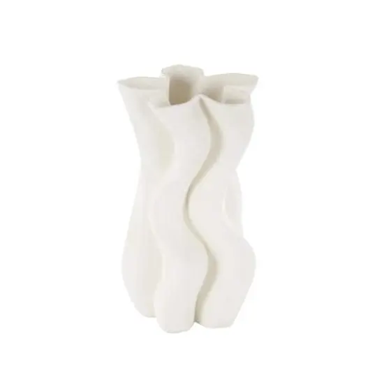 White Ceramic Abstract Ribbed Dimensional Wavy Vase with Floral Shaped Rim {4}