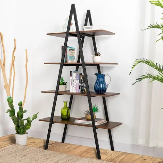 Glitzhome&reg; 5.5ft. Modern Industrial 4-Tier A-Frame Open Ladder Bookshelf Walnut {4}