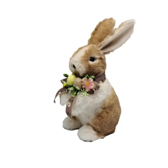 10.25" Brown Plush Easter Rabbit with Eggs & Bow Decorative Figurine {1}