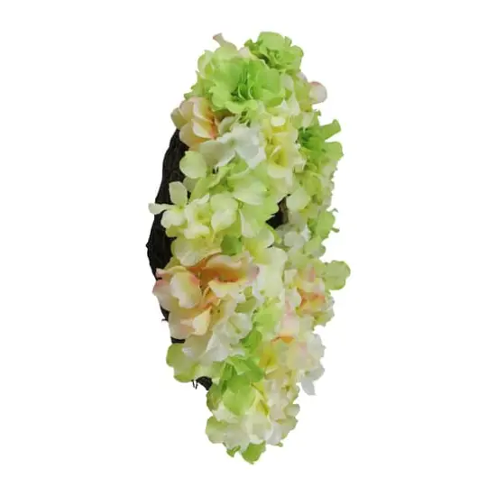 15" Yellow, Green & Pink Hydrangea Flower Artificial Spring Wreath {3}