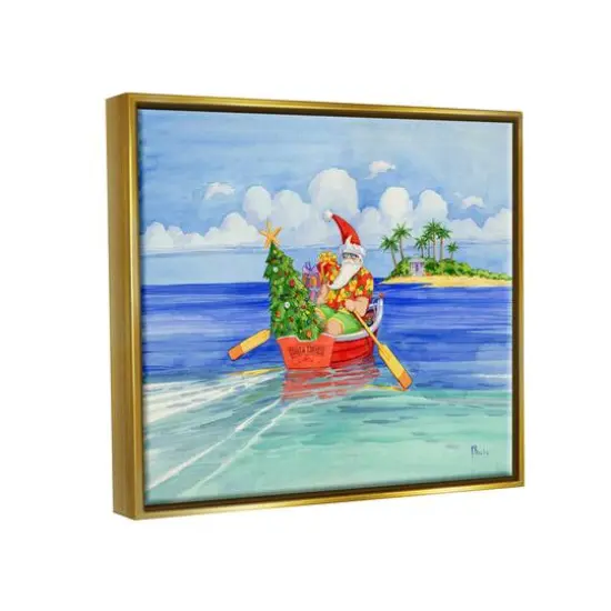 Stupell Industries Santa's Delivery Tropical Christmas Boat Gold Framed Floater Canvas Wall Art {4}