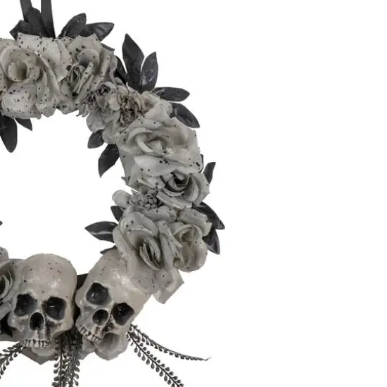 16" Double Skull & Gray Roses Halloween Wreath {5}