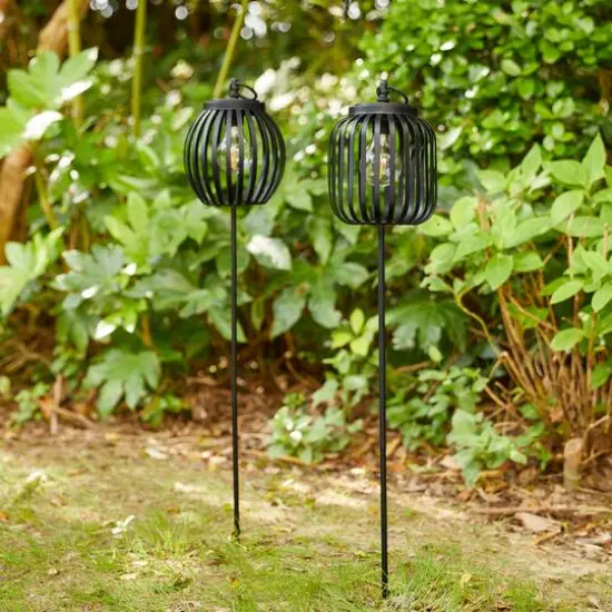 Glitzhome&reg; 33" Black Metal Stripes Solar Powered Outdoor Lantern {9}