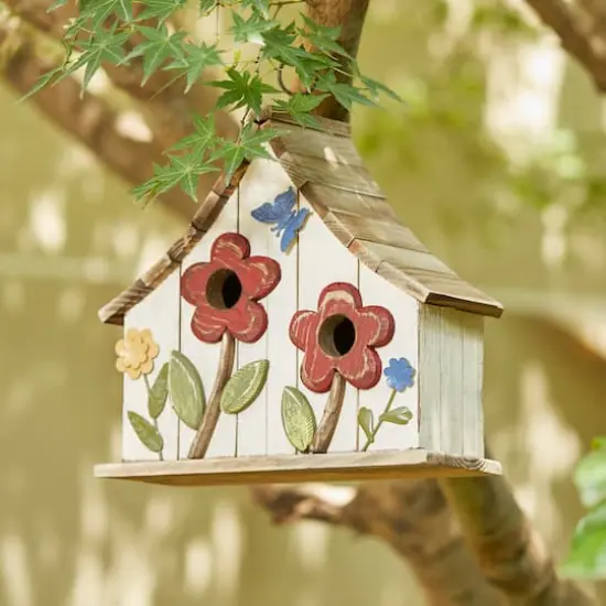 Glitzhome&reg; 10.5" White Distressed Wood Birdhouse with Flowers {6}