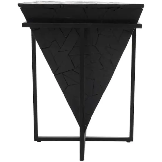 22" Black Teak Wood Geometric Handmade Inverted Pyramid Accent Table with Black Metal Base {9}