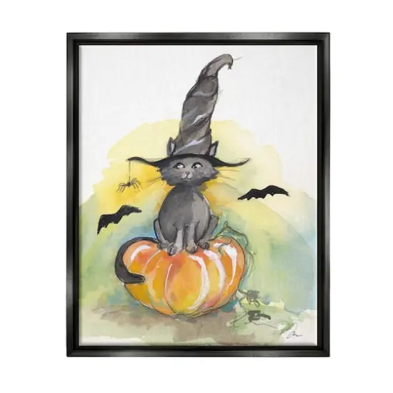 Stupell Industries Witch Cat on Pumpkin Framed Floater Canvas Wall Art Black {1}