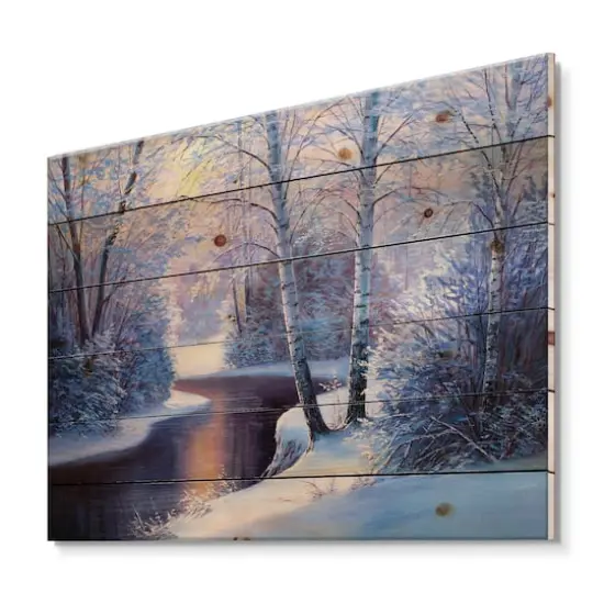 Designart Christmas Forest with River & Trees I Print on Natural Pine Wood {1}