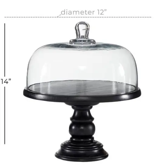 Black Wood and Glass Farmhouse Cake Stand with Cloche, 14" x 12" x 12" {7}