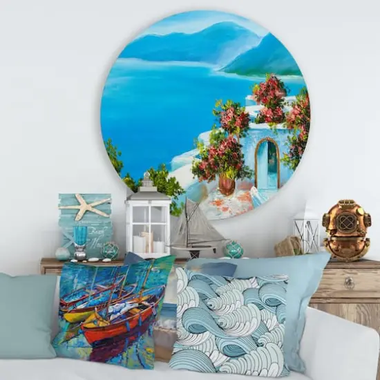 Designart - House Near The Sea Colorful Flowers I - Nautical & Coastal Metal Circle Wall Art {4}