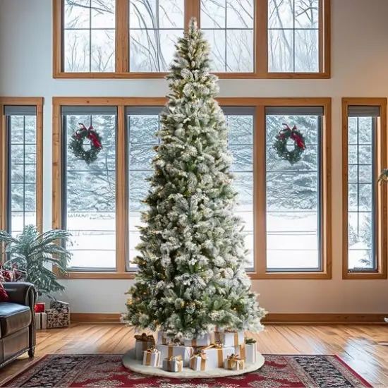 Glitzhome&reg; 11ft Pre-Lit Flocked Slim Pine Artificial Christmas Tree, Warm White LED Lights {4}