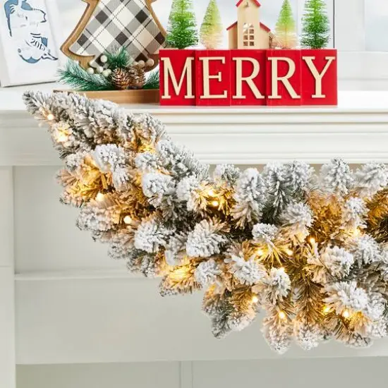 Glitzhome&reg; 36" Pre-Lit Snow Flocked Christmas Swag with LED Lights {5}