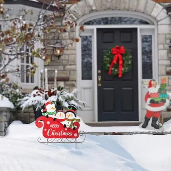 Glitzhome&reg; 24" Metal Snowmen Riding Sleigh Yard Stake {3}