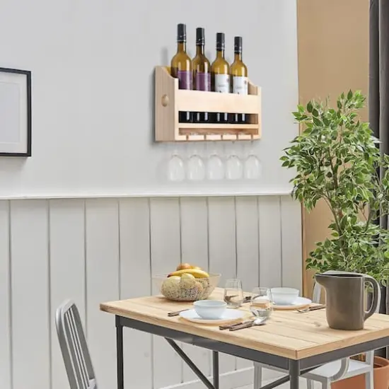 NEX&trade; Wall-Mounted Wine Rack with 5 Long Stem Glass Holder Light Brown {8}