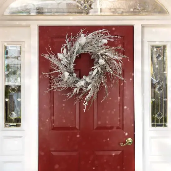 24" Christmas Alpine Trimmed Snow Lump Wreath, 150 Pure White LED Rice Lights {3}