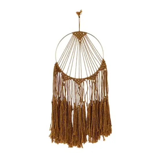 Brown Fabric Handmade Intricately Weaved Macrame Wall Decor with Beaded Fringe Tassels 12" x 0" x 32" {1}