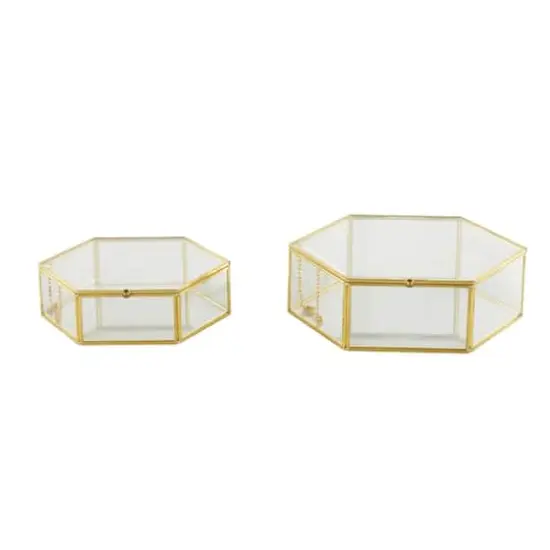 Clear & Gold Glass & Metal Hexagon Jewelry Box with Chain Accent Set {8}