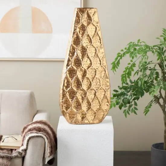 33.5" Gold Metal Textured Concaved Teardrop Vase with Spotted Gray Accents {9}