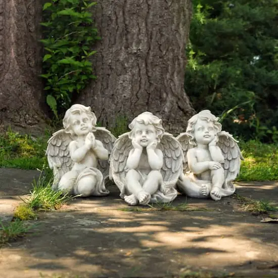 Gray Sitting Cherub Angel Outdoor Garden Statue Set {3}
