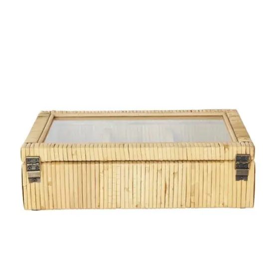 12" x 9" x 4" Brown Hand-Wrapped Rattan 6-Slot Jewelry Box with Tempered Glass Top {7}
