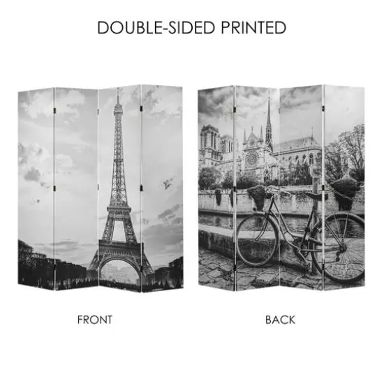 American Art Decor&trade; 6ft. Double-Sided 4-Panel Black and White Eiffel Tower & Notre Dame Bike Canvas Room Divider {6}