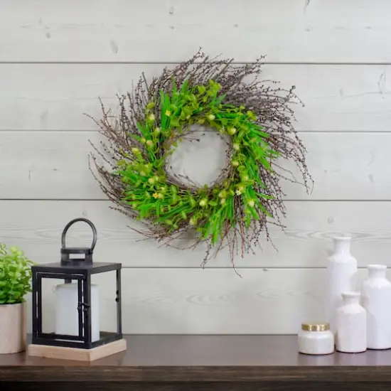 20" Green & Yellow Flower Buds, Leaves & Twigs Wreath {3}