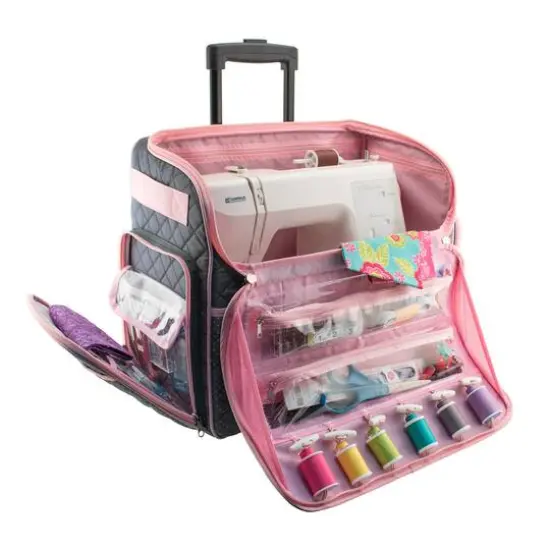 Everything Mary Quilted Pink & Gray Deluxe Rolling Sewing Machine Tote {3}