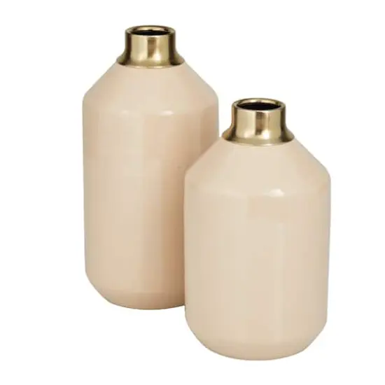 Set of 2" Cream Metal Modern Vase, 10" x 5" x 5" {3}