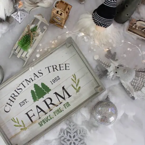 Gray & White Farm Fresh Christmas Trees Wooden Tray Hanging Sign Set {3}
