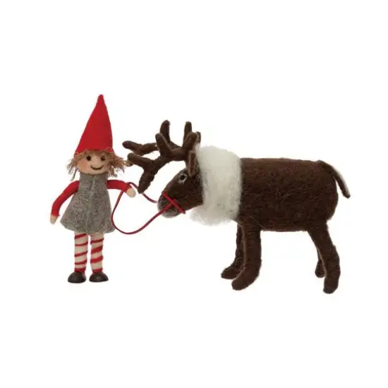 Hello Honey® 11" Multicolor Wool Felt Elf & Caribou Figurine {1}