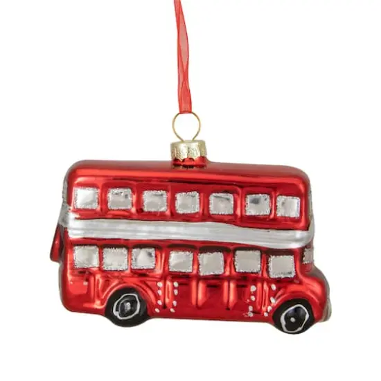 4" Shiny Metallic Red & Silver Glass Double Decker Bus Christmas Ornament {6}