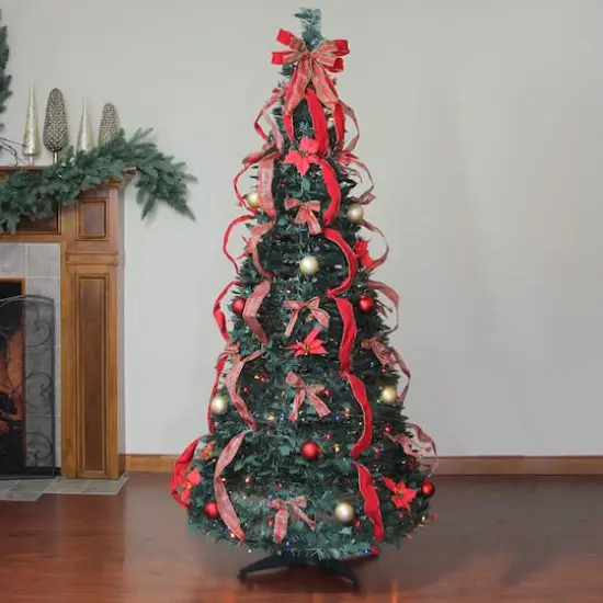 6ft. Pre-Lit Red Plaid Pre-Decorated Pop-Up Artificial Christmas Tree, Multicolor Lights {3}