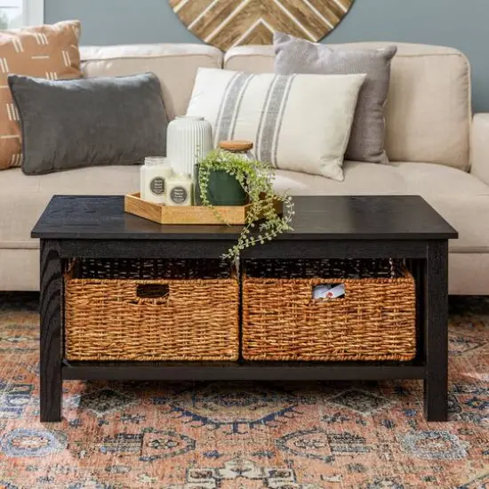 Walker Edison 40" Black Mission Storage Coffee Table with Baskets {6}