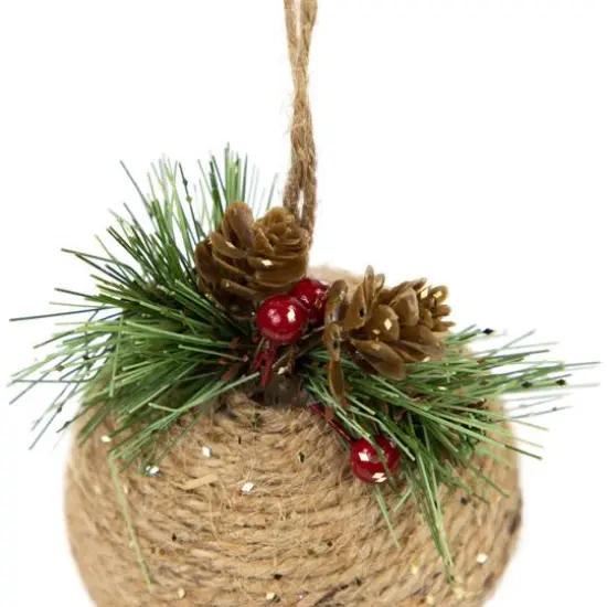 5" Green Rustic Pinecone & Holly Berry Jingle Bell Ornament {9}
