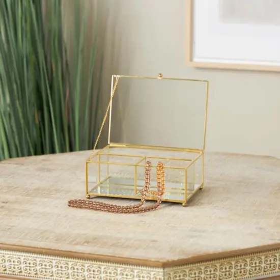 7" x 5" x 3" Clear & Gold 3-Slot Glass & Metal Jewelry Box with Chain Accent {3}