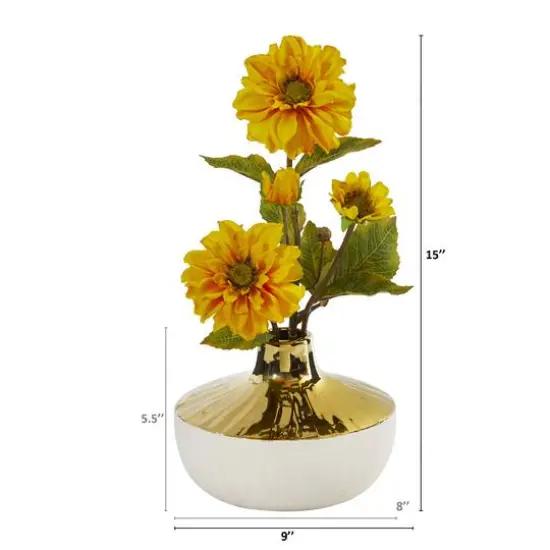 15" Zinnia Artificial Arrangement in Gold and Cream Elegant Vase {3}