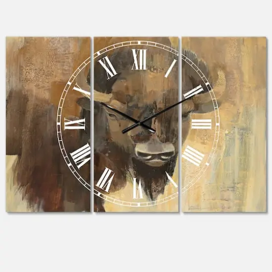 Designart Into The Wild Gold Buffalo Farmhouse 3 Panel Wall Clock {1}